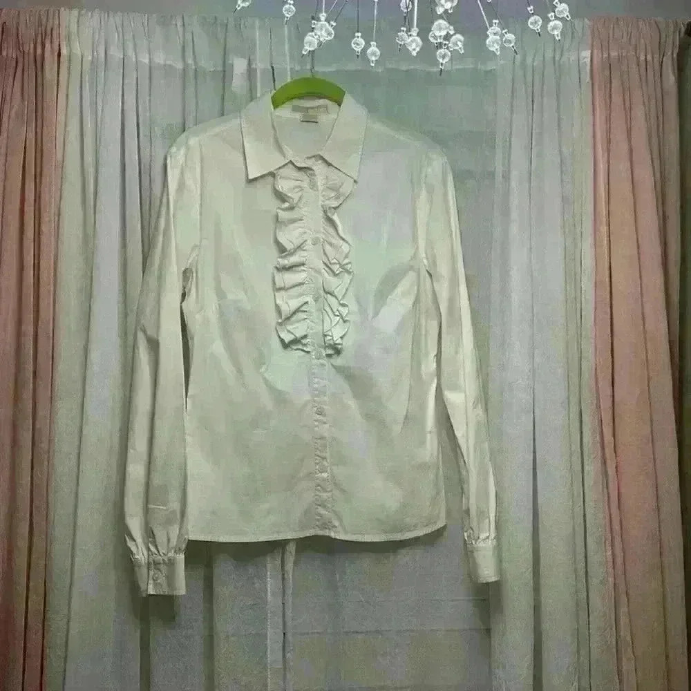 Micheal Micheal Kors Sz 8 Ivory Cream Ruffled Stretch Button Up item# 8J